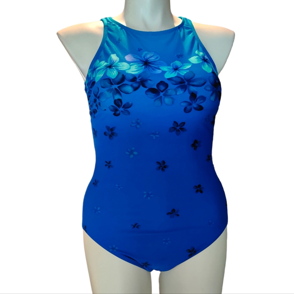 Land's End High Neck Chlorine Resistant High Leg Portrait Back Swimsuit EUC Sz16